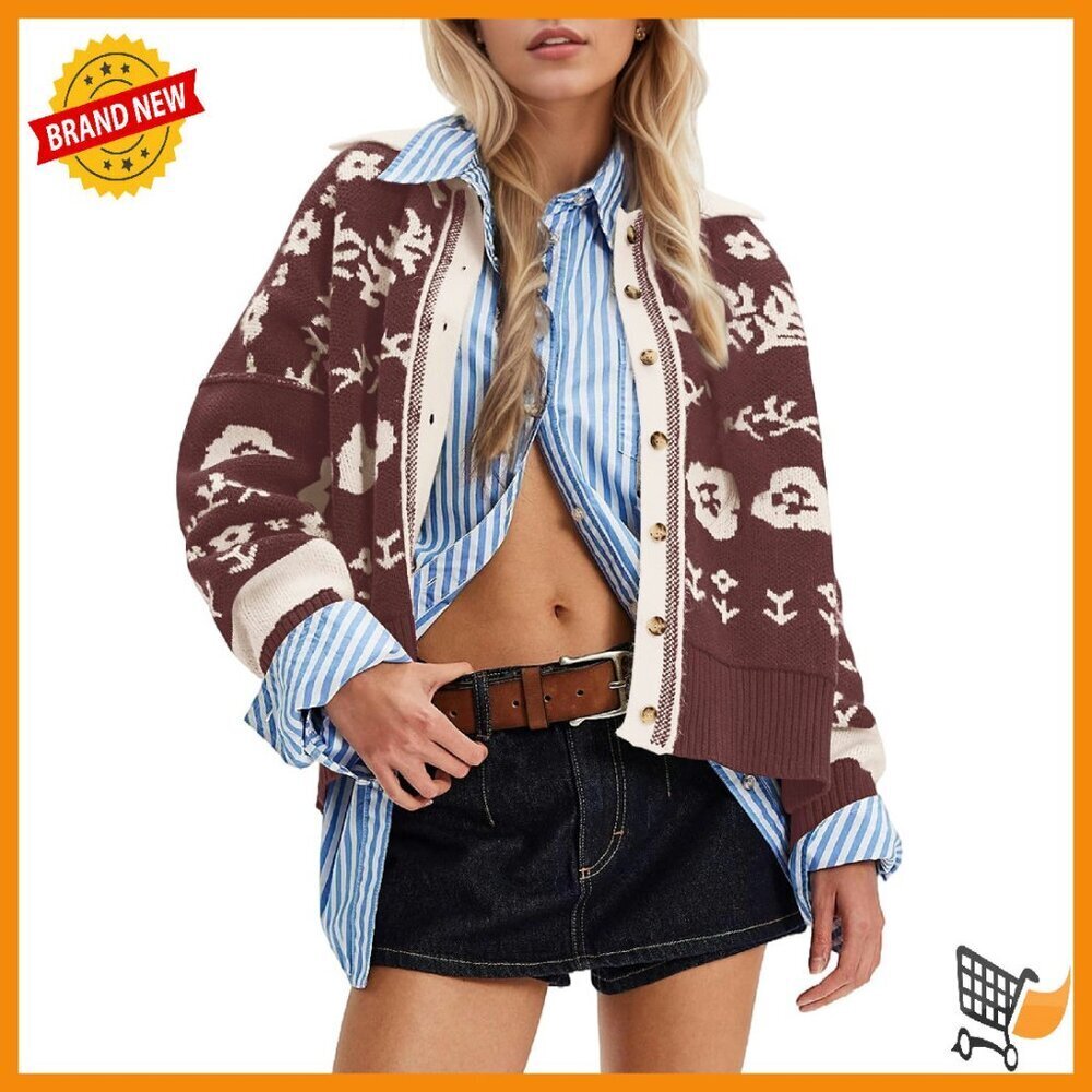 Floral Print Button Down Cardigan Sweater Women's Long Sleeve V Neck